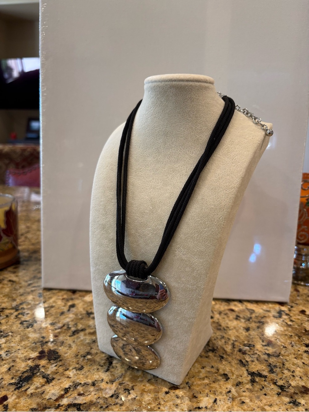 Chico's Black Cord Necklace with Silver-Tone Stacked Pendant